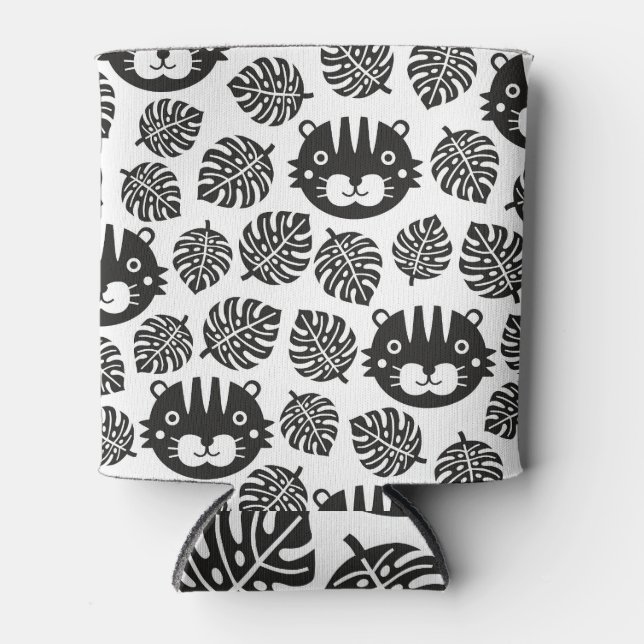 Tiger, tropical leaves kid's pattern. can cooler (Front)