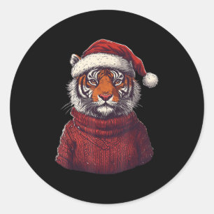 Tiger Ugly Sweater Santa Hat Christmas Classic Round Sticker