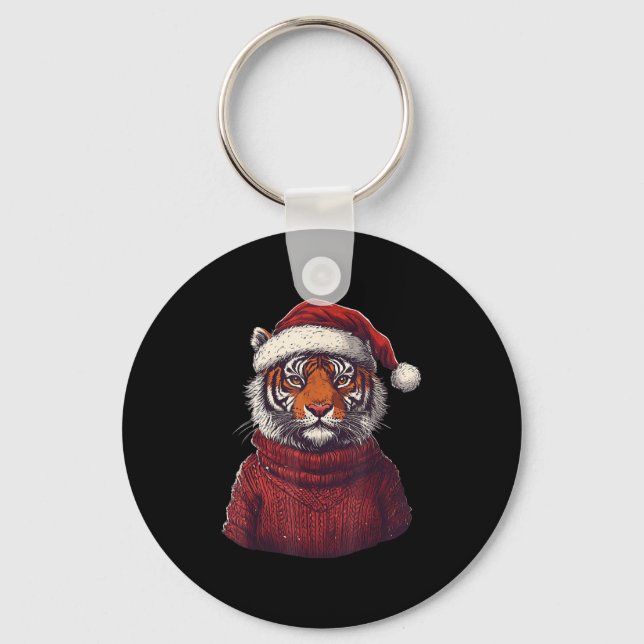 Tiger Ugly Sweater Santa Hat Christmas  Key Ring (Front)