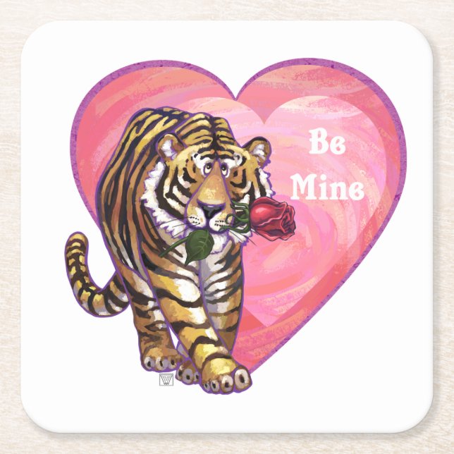 Tiger Valentine's Day Square Paper Coaster (Front)