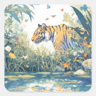 Tiger Walking by Pond in Lush Wildflower Garden Square Sticker