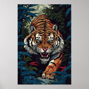 Tiger Wall Poster, Japanese Art Style Illustration Poster
