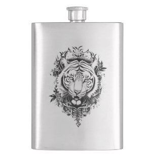 Tiger Wild Animal Nature Illustration Art Tattoo Hip Flask