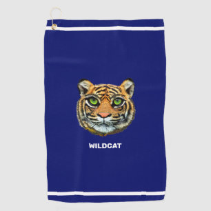 Tiger & Wildcat Text on Navy Blue & White Stripes Golf Towel