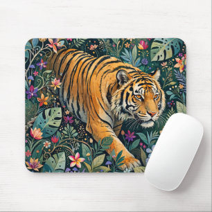 Tiger with Amber Eyes Fantasy Jungle Foliage Mouse Pad