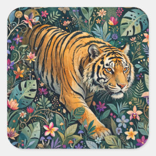 Tiger with Amber Eyes Fantasy Jungle Foliage Square Sticker