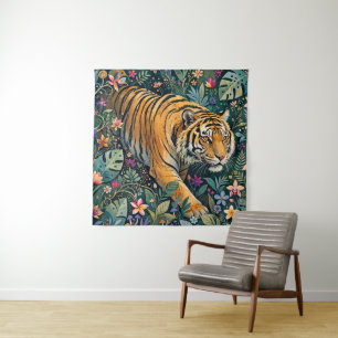 Tiger with Amber Eyes Fantasy Jungle Foliage Tapestry