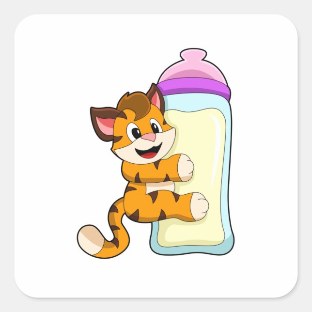Tiger with Baby bottle of Milk Square Sticker (Front)