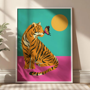 Tiger with Butterfly Colourful Funky Art Poster