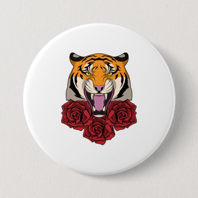 Tiger with Roses 7.5 Cm Round Badge (Front)