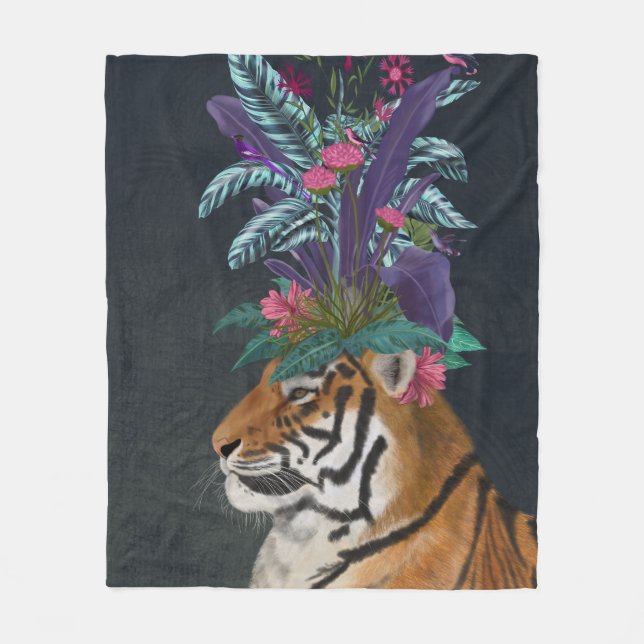 Tiger with Tropical Headpiece Fleece Blanket (Front)