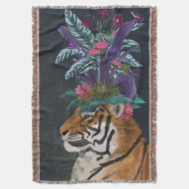 Tiger with Tropical Headpiece Throw Blanket (Front Vertical)