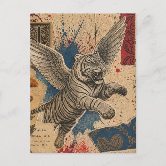 Tiger with wings mixed media collage postcard (Front)