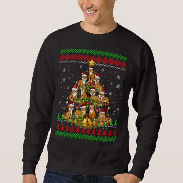 Tiger  Xmas Lights Ugly Tiger Christmas Tree 1 Sweatshirt (Front)