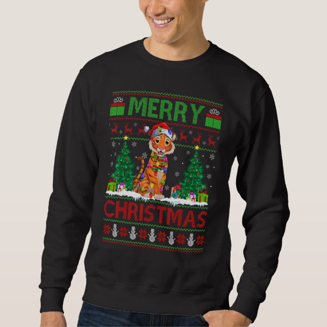 Tiger   Xmas Tree Lights Ugly Santa Tiger Christma Sweatshirt (Front)