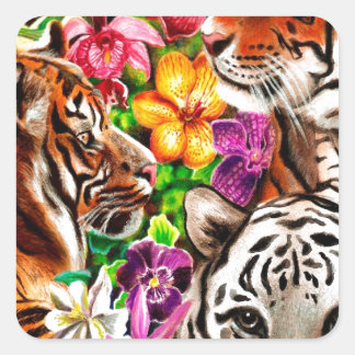 Tigers and Flowers Beautiful Jungle Artwork Square Sticker