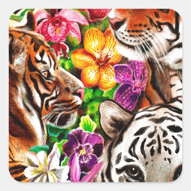 Tigers and Flowers Beautiful Jungle Artwork Square Sticker (Front)