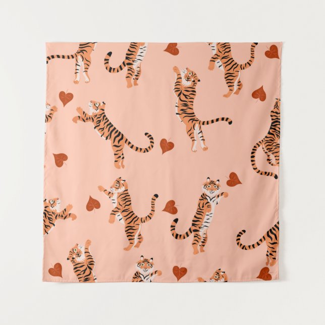 Tigers Autumn Leaves: Vintage Jumping Pattern Tapestry (Front)