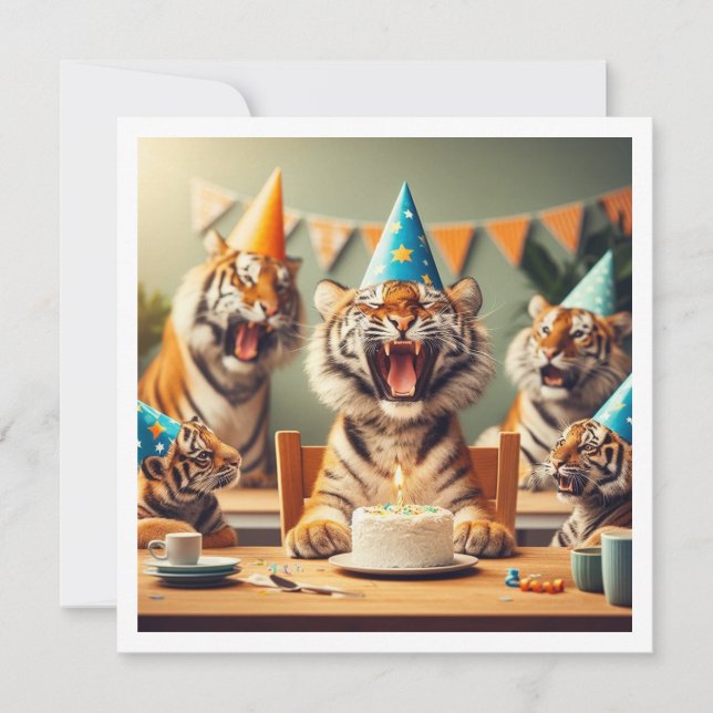 Tigers celebrating, tiger picture birthday invitation (Front)