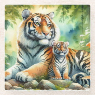 Tigers in a Lush Jungle Paradise Painting Glass Coaster