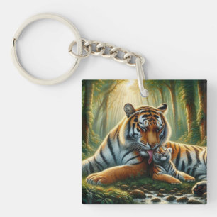 Tigers in a Lush Jungle Watercolor Painting Key Ring