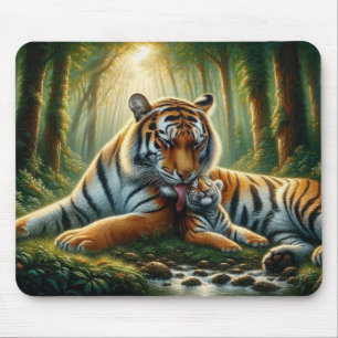 Tigers in a Lush Jungle Watercolor Painting Mouse Pad
