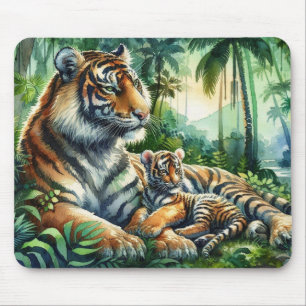 Tigers in a Lush Jungle Watercolor Painting Mouse Pad