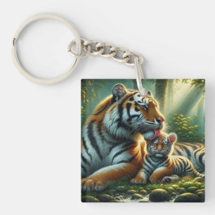 Tigers in Sunlit Forest Painting Key Ring