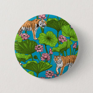 Tigers in the pink lotus pond 6 cm round badge
