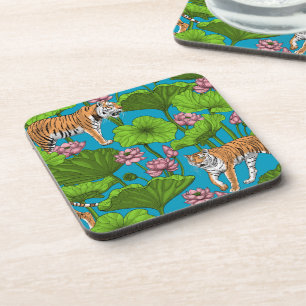 Tigers in the pink lotus pond coaster