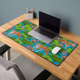 Tigers in the pink lotus pond desk mat