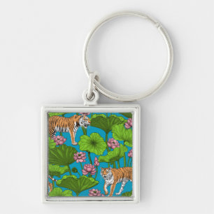 Tigers in the pink lotus pond key ring