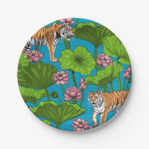 Tigers in the pink lotus pond paper plate