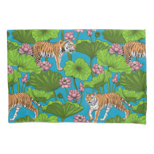 Tigers in the pink lotus pond pillowcase