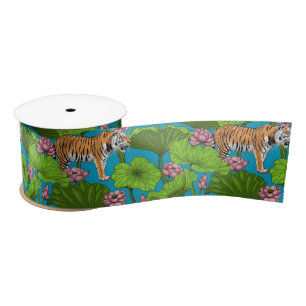 Tigers in the pink lotus pond satin ribbon