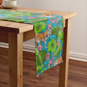 Tigers in the pink lotus pond short table runner