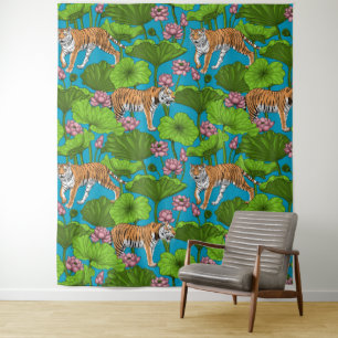 Tigers in the pink lotus pond tapestry