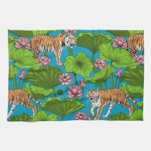 Tigers in the pink lotus pond tea towel