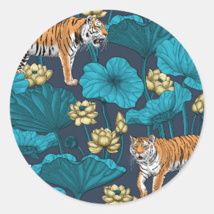 Tigers in the yellow lotus pond classic round sticker