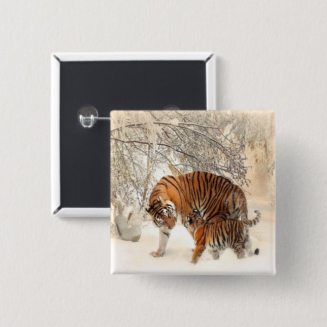 tigers on snow 15 cm square badge (Front & Back)