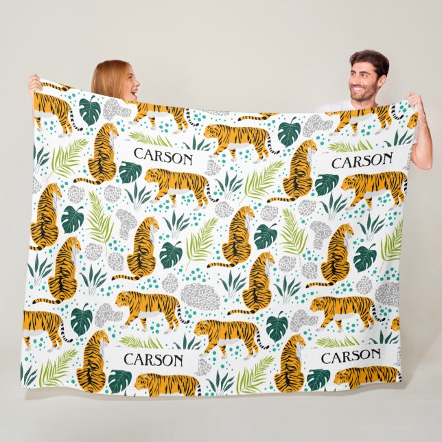 Tigers & Tropical Leaves, Name Pattern Fleece Blanket (In Situ)