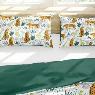 Tigers & Tropical Leaves Pattern, Green Pillowcase