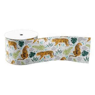Tigers & Tropical Leaves Pattern Grosgrain Ribbon