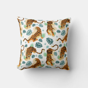 Tigers Tropical Leaves: Vintage Illustration. Cushion