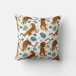 Tigers Tropical Leaves: Vintage Illustration. Cushion