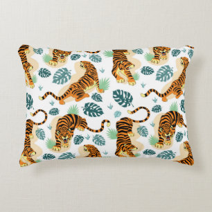 Tigers Tropical Leaves: Vintage Illustration. Decorative Cushion