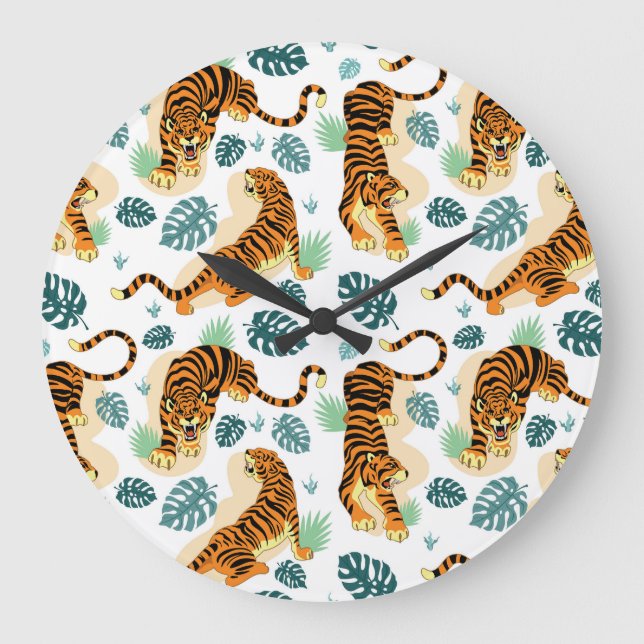 Tigers Tropical Leaves: Vintage Illustration. Large Clock (Front)