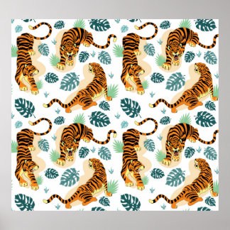 Tigers Tropical Leaves: Vintage Illustration. Poster