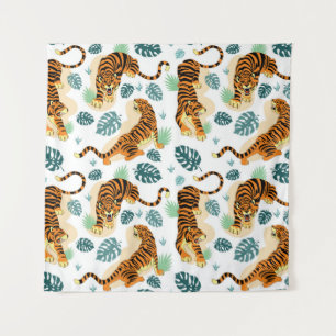Tigers Tropical Leaves: Vintage Illustration. Tapestry