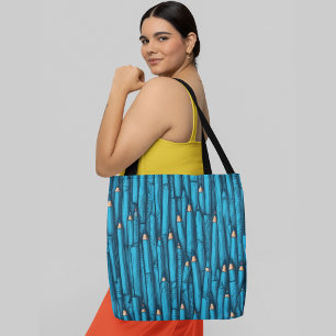 Tightly packed blue coloured pencils with gold tip tote bag